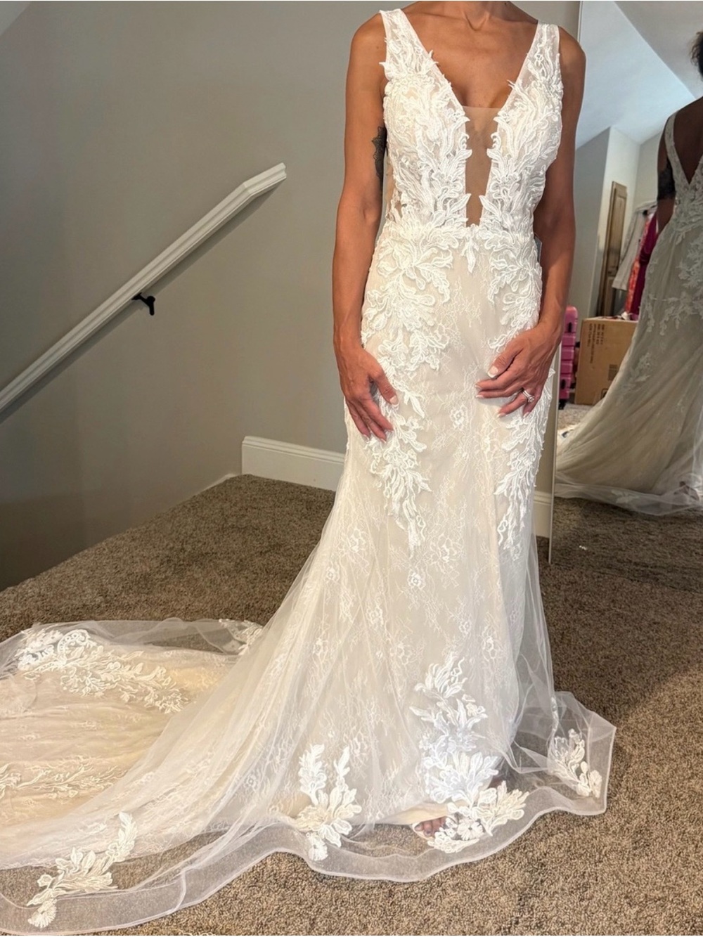 Ivory Lace Plunging V-Neck Bridal Gown